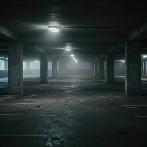 Photograph of a dimly lit, empty, foggy parking garage with concrete columns, bright overhead lights, and wet, reflective floor.