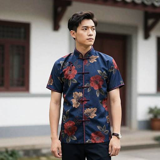 Man Wearing Modern Floral Cheongsam Shirt