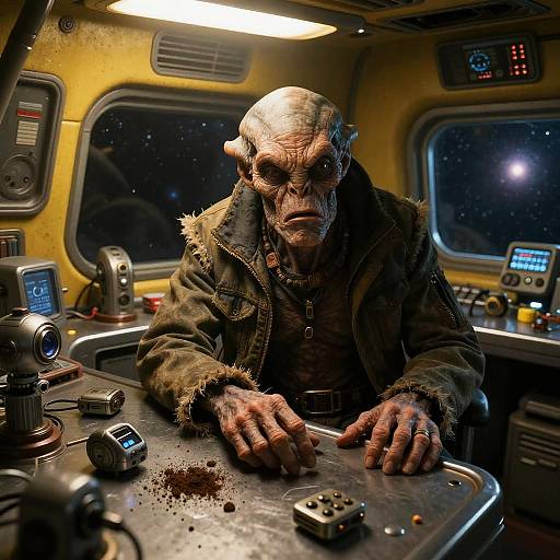 Gruff Old Alien in Cluttered Spaceship Galley