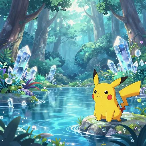 Digital artwork of Pikachu sitting on a rock in a glowing, crystal-filled forest pond, surrounded by lush greenery and sparkling water.