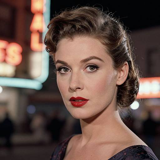 Photograph of a fair-skinned woman with vintage-style brown hair, red lipstick, and dark eyeliner, standing in a neon-lit city night