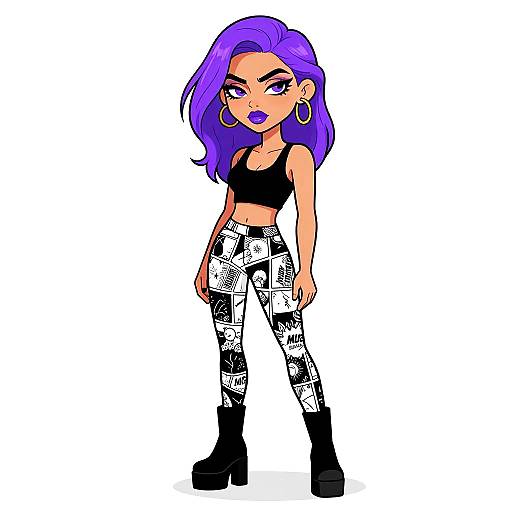 Edgy Woman with Purple Hair and Comic Print Leggings