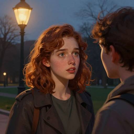 Photograph of a young woman with wavy red hair and fair skin, illuminated by a streetlamp, engaged in conversation with a man in a park