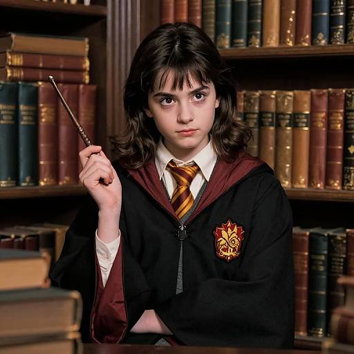 Photorealistic digital image of a young woman with wavy brown hair, wearing a Hogwarts school uniform, holding a wand, in a library with filled