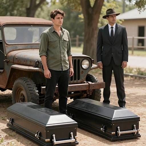 Eerie Scene with Soldiers and Coffins