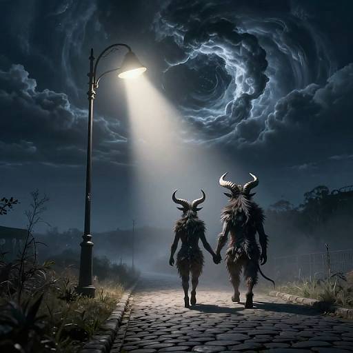 Digital artwork of two horned, furry minotaur-like figures holding hands, walking down a cobblestone path under a stormy, lightning-filled