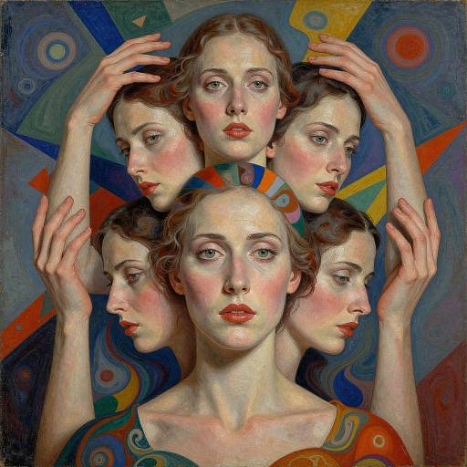 Digital painting of a pale-skinned woman with five identical faces, each with red lips and wavy brown hair, against a vibrant, abstract background with