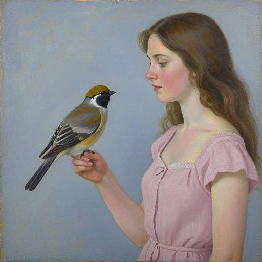 Painting of a young woman with wavy brown hair in a pink dress, gently holding a yellow and black bird against a blue background.