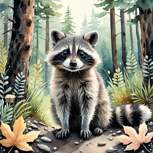 Watercolor Raccoon in Forest