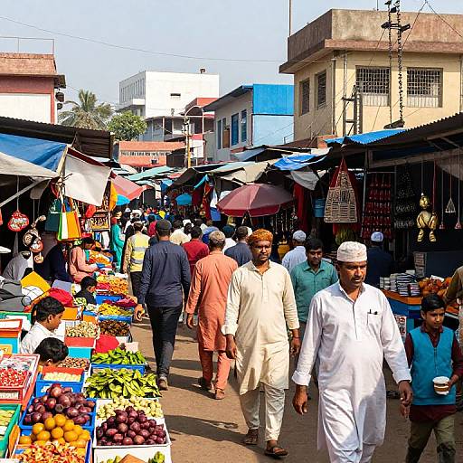 Vibrant photograph of a bustling outdoor market with diverse shoppers, colorful fruit stalls, and various vendors under blue and white canopies.