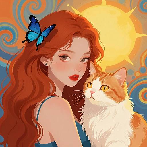 Digital Illustration of Woman with Cat and Butterfly