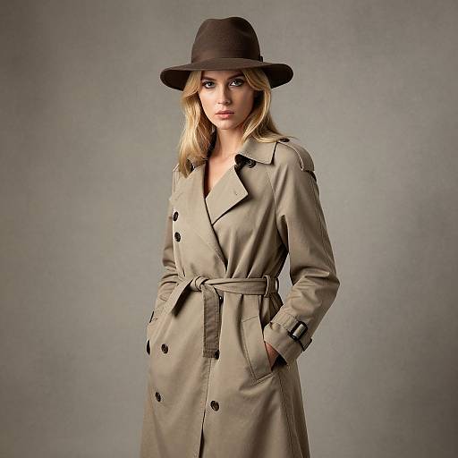Photograph of a blonde woman with fair skin wearing a brown fedora, beige trench coat, and gray background, hands in pockets.