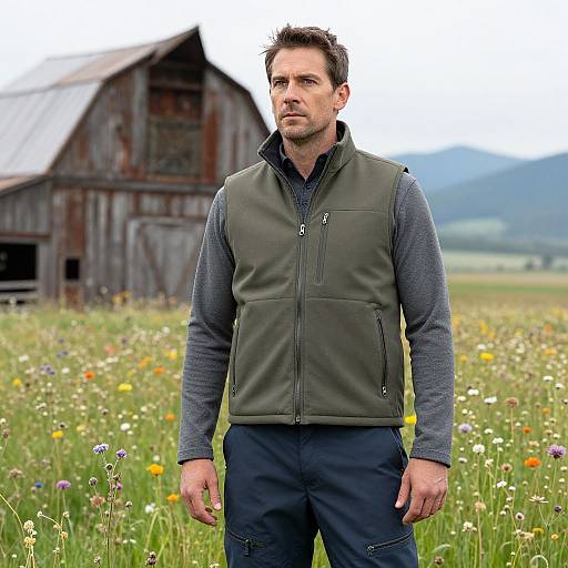 Man in Outdoor Gear Amid Wildflowers