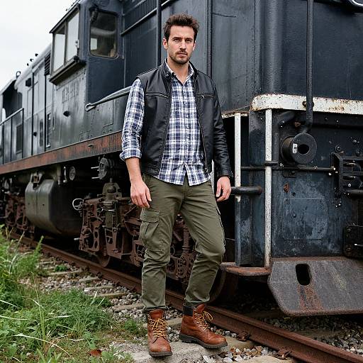Photograph of a bearded man in a black vest, plaid shirt, olive pants, and brown boots, standing beside a rusty black train on