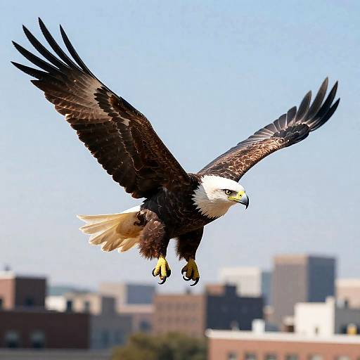 American Bald Eagle in Flight over Urban Skyline