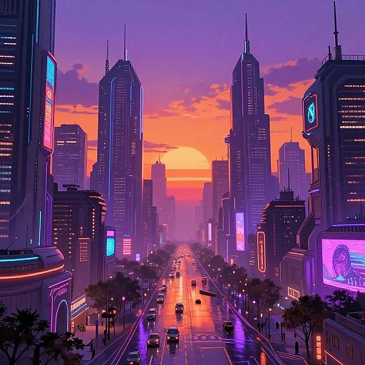 Futuristic Cyberpunk Cityscape at Sunset