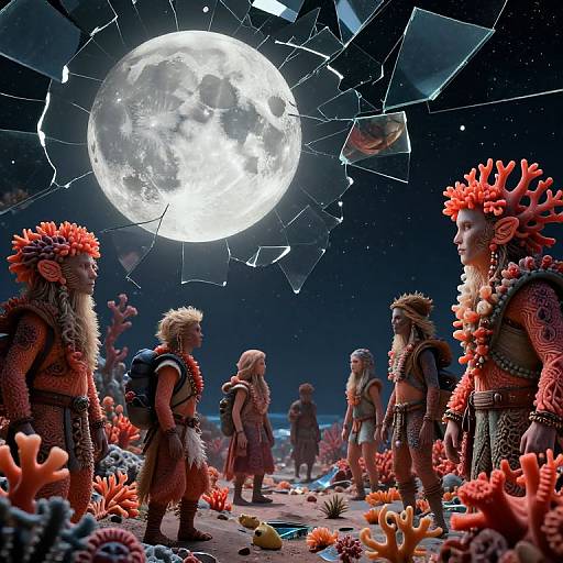 Photograph-like CGI of tribal warriors with red coral headdresses and armor, standing under a cracked, glowing full moon, amidst a coral-strewn
