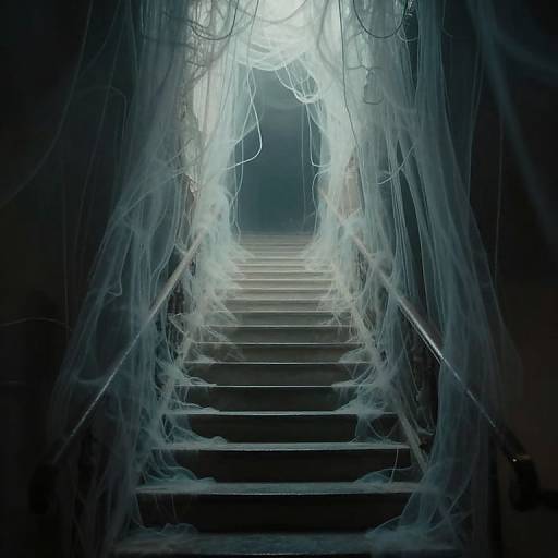 Photograph of a dark, eerie staircase shrouded in swirling, translucent white mist, leading to a bright, foggy background.