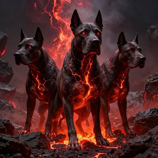 Digital artwork of three glowing red-eyed, black, molten-cracked dogs standing in fiery, rocky, volcanic landscape with intense red and orange flames.