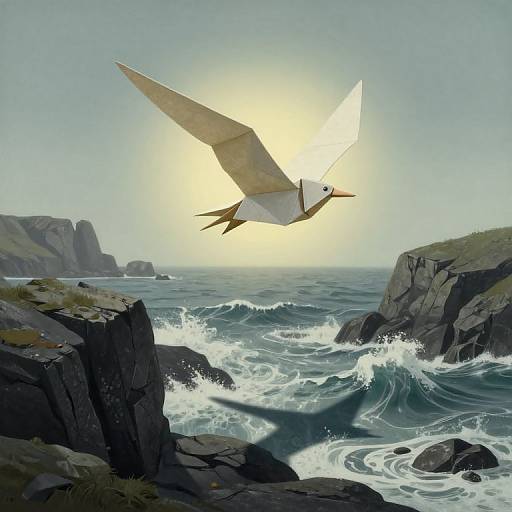 Surreal Origami Bird Over Scottish Seascape