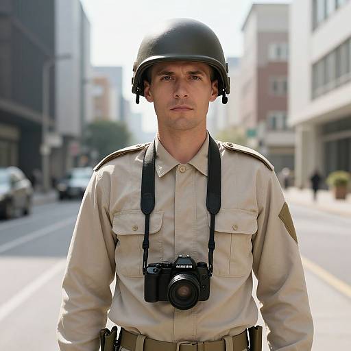 Photograph of a serious male soldier in beige uniform and black helmet, standing on a sunlit urban street with a camera slung around his neck.