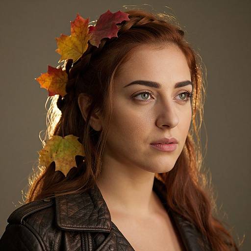 Photograph of a young woman with fair skin, brown hair, and green eyes, wearing a black leather jacket and a colorful autumn leaf headband,