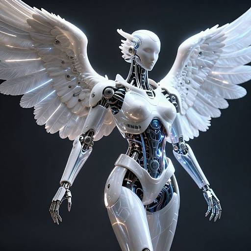 CGI image of a sleek, white, robotic angel with glowing wings, metallic joints, and futuristic design, standing against a dark background.