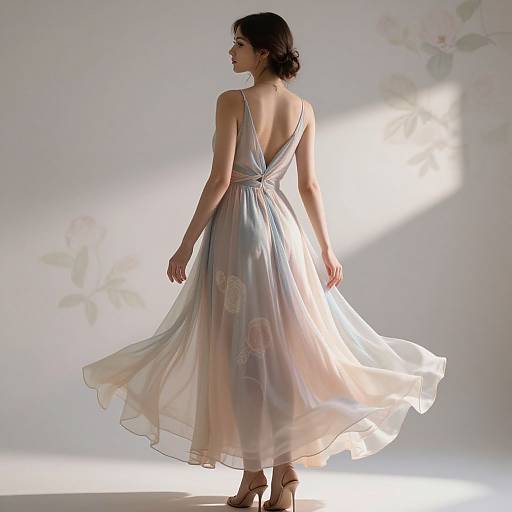 Photograph of a woman with dark hair in a bun, wearing a flowing, backless, pastel-colored floral dress, standing in soft sunlight against