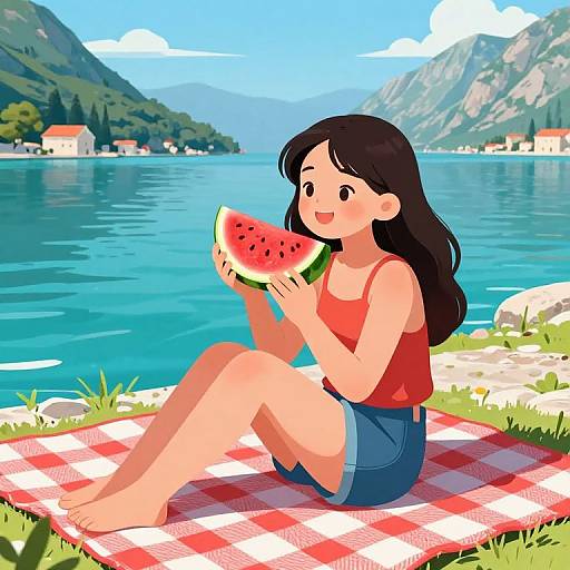 Digital drawing of a smiling Asian woman with long black hair, wearing a red tank top and blue shorts, eating watermelon on a red checkered blanket