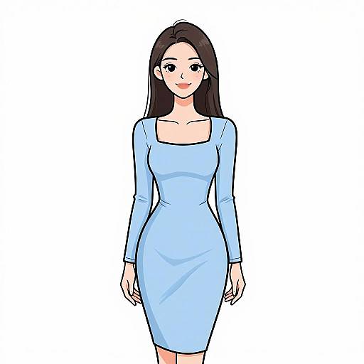 Digital anime-style drawing of a smiling woman with long black hair, wearing a light blue, long-sleeve, form-fitting dress. White background