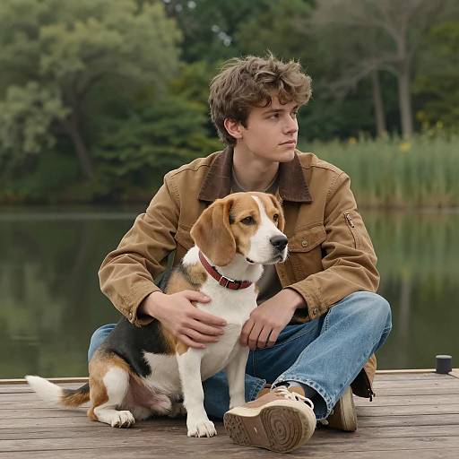 Young Man with Beagle on Dock