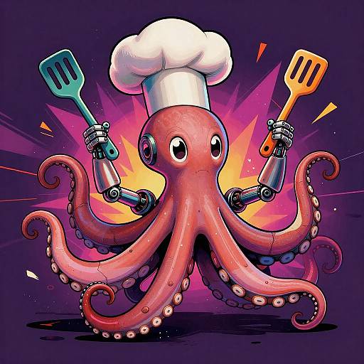 Neon Octopus Chef Juggling Kitchen Utensils