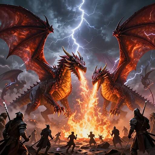 Digital fantasy artwork of two fiery red dragons with lightning-filled wings, towering over a fierce battlefield and blazing fire, silhouetted warriors below.