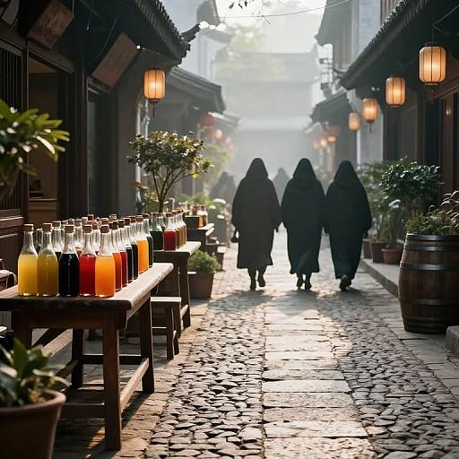 Photograph of a cobblestone alley with lanterns, potted plants, wooden benches, colorful juice bottles, and two robed figures walking away