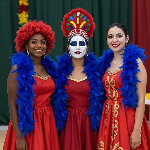 Three Women in Vibrant Festival Costumes