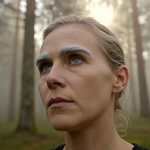 Photograph of a white woman with blue eyes and blonde hair, wearing silver eyeshadow, looking up in a misty forest.