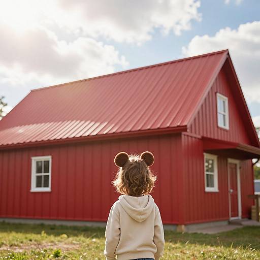 Child in Hoodie by Red-roof Building