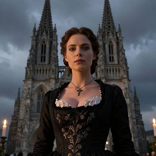 Photograph of a serious woman with dark brown hair in a black lace Victorian dress, standing in front of a gothic cathedral at dusk, with candle