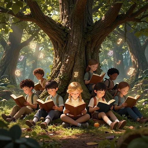 Photograph-style digital illustration of six children with curly hair, sitting around a large tree in a sunlit forest, reading books with floating musical notes above