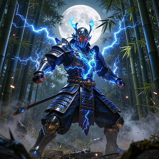 Glowing Armored Samurai in Moonlit Forest