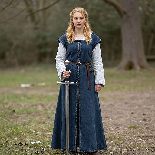 Photograph of a serious-looking blonde woman in medieval attire, holding a sword, standing in a grassy, wooded forest path.