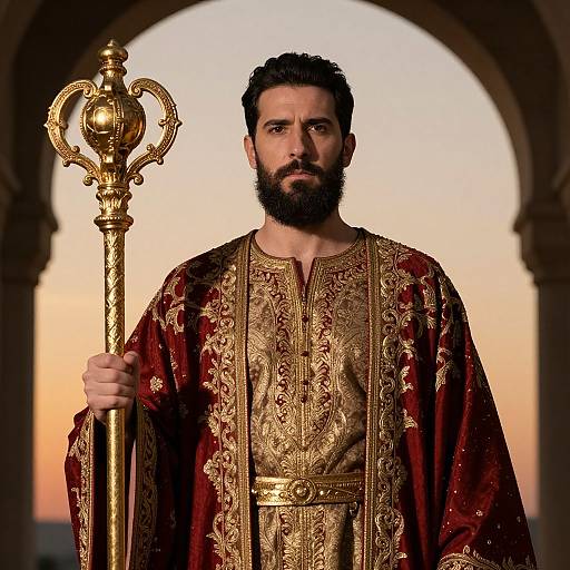 Photograph of a bearded man with dark hair, wearing an ornate red and gold robe, holding a gold staff, standing under an archway