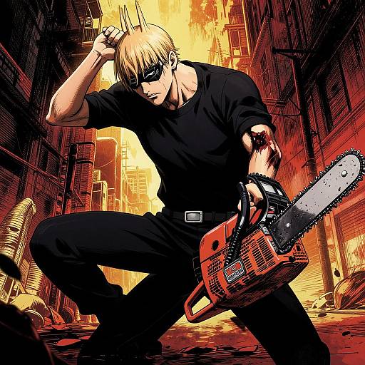 Dynamic anime-style drawing of a blind, blonde-haired man in black, wielding a red chainsaw in a fiery, post-apocalyptic alley.