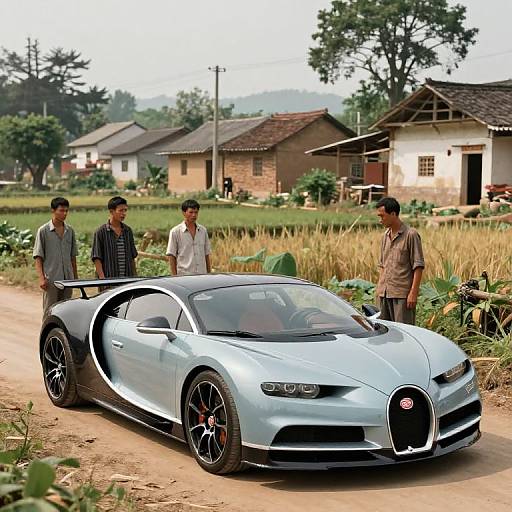 Photograph of four Indian men in casual clothes standing beside a sleek, silver Lamborghini supercar on a rural dirt road. Rural houses and greenery