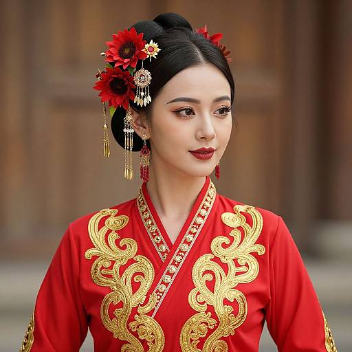 Elegant Woman in Red Traditional Costume