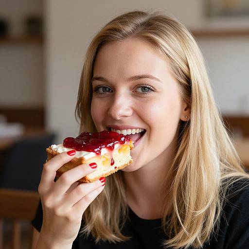 Photograph of a smiling blonde woman with fair skin and blue eyes, biting into a slice of red jelly-filled cake with red-painted nails, in