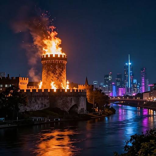 Fiery Medieval Tower with Futuristic Metropolis