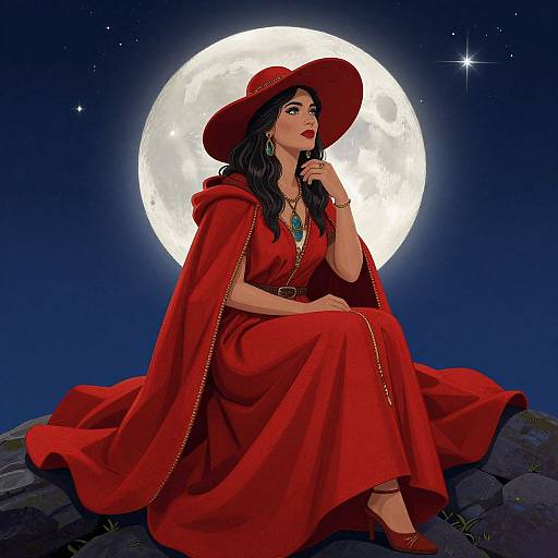Digital illustration of a woman with long black hair, wearing a red dress and hat, sitting on a rock under a full moon. She gazes thought