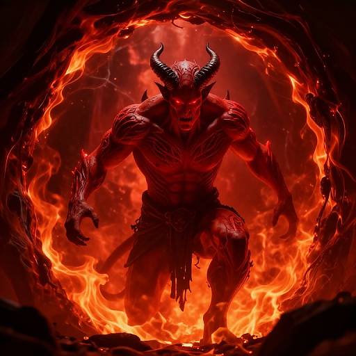 Digital artwork of a muscular, red-skinned demon with black horns, crouching amidst fiery flames, creating a circular inferno around him. Int