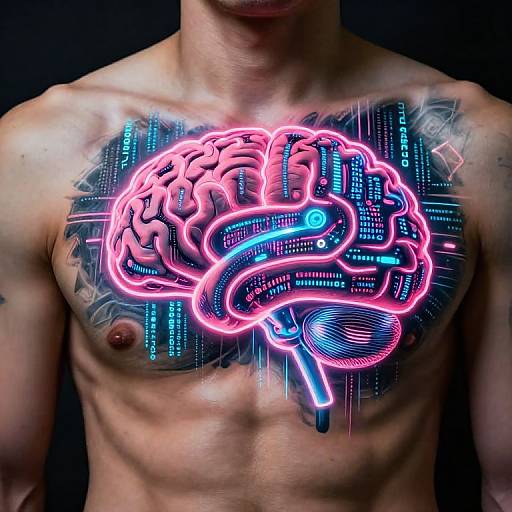 Photograph of a muscular, shirtless man with a neon pink and blue glowing brain tattoo on his chest, against a black background.
